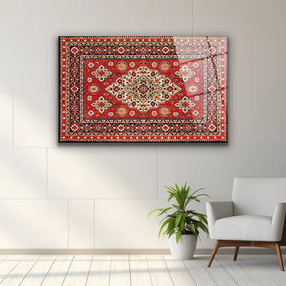 Kırmızı zeminli klasik etnik halı desenli cam tablo