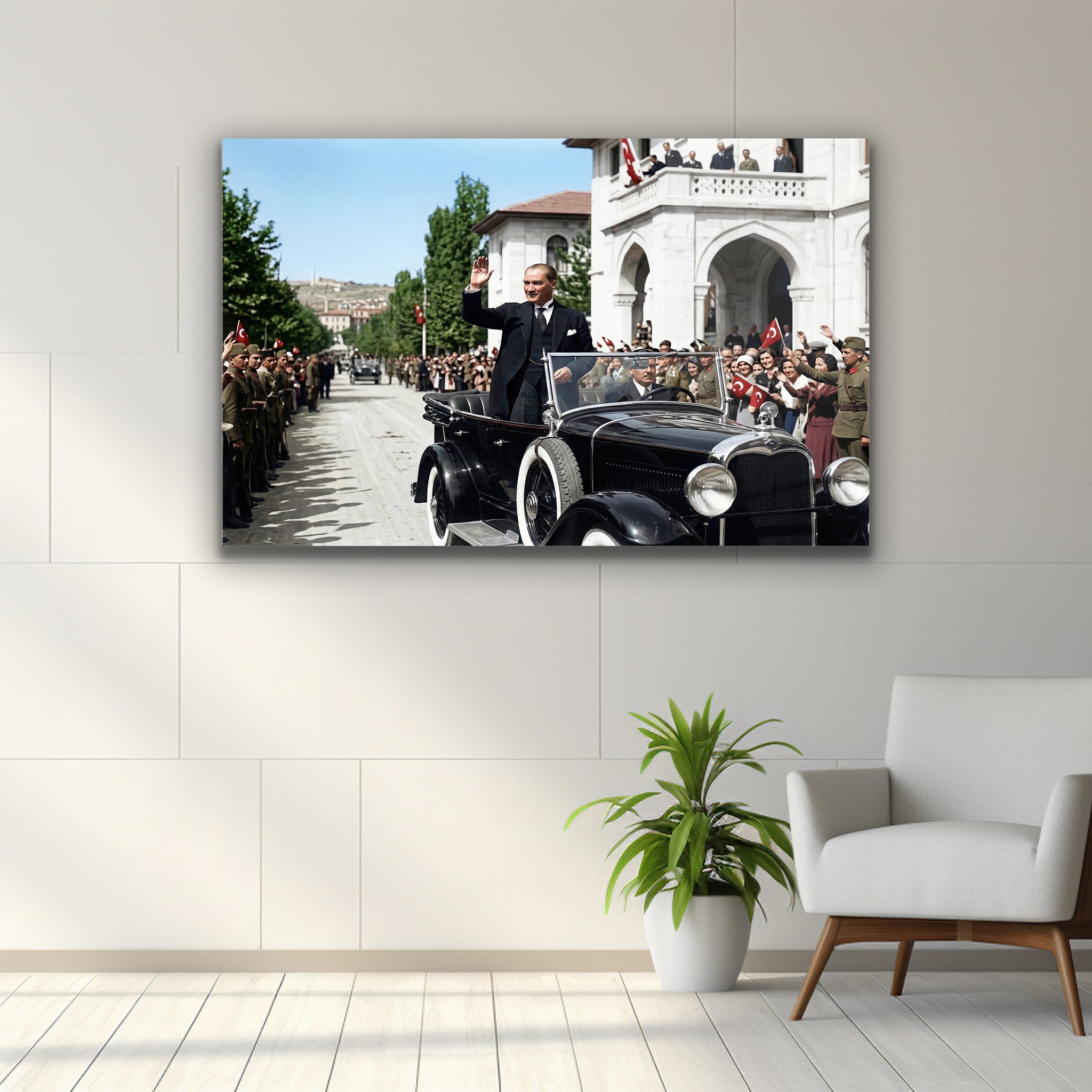 klasik otomobilde halkı selamlayan mustafa kemal atatürk cam tablo