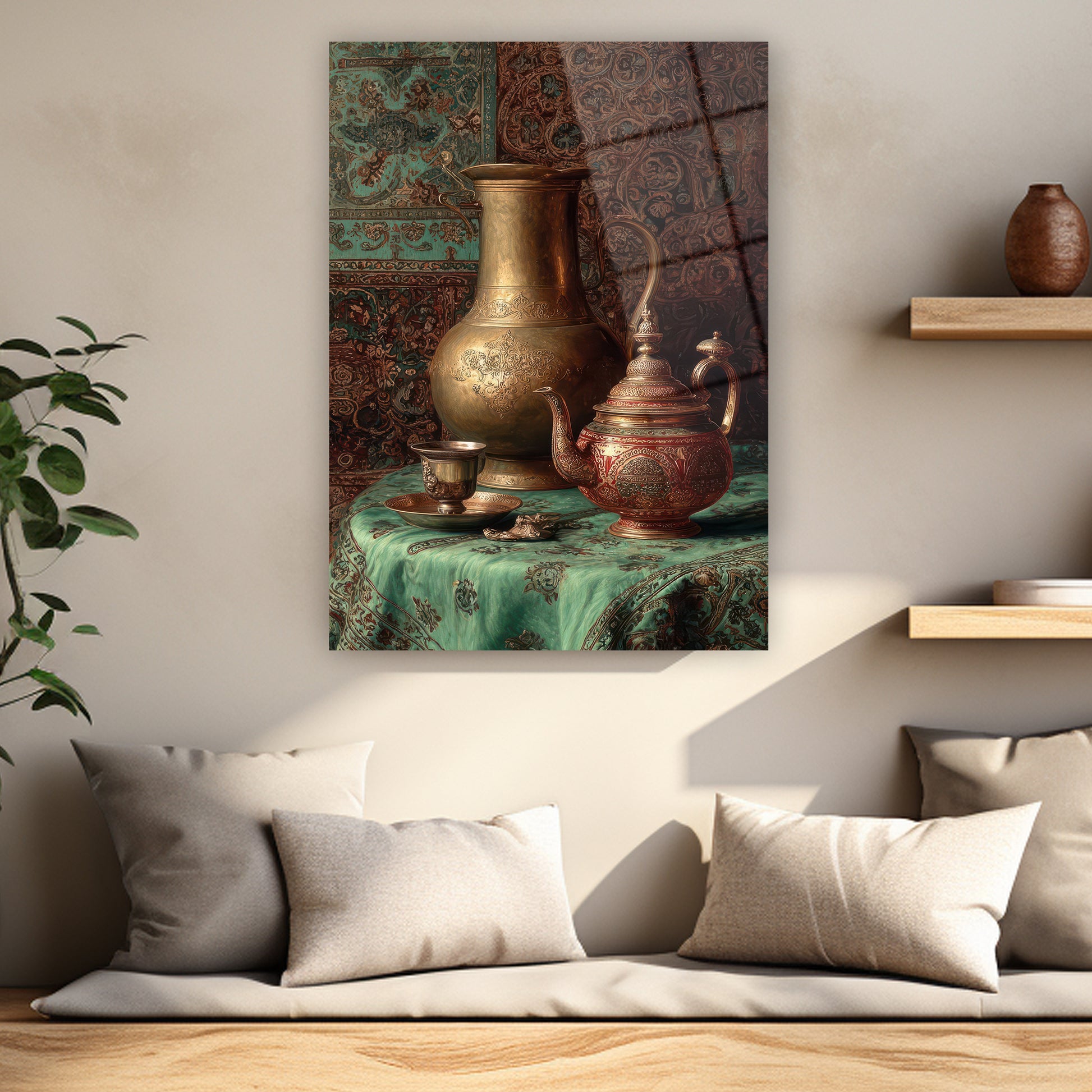 klasik natürmort pirinç sürahi ve fincan duvar dekoru