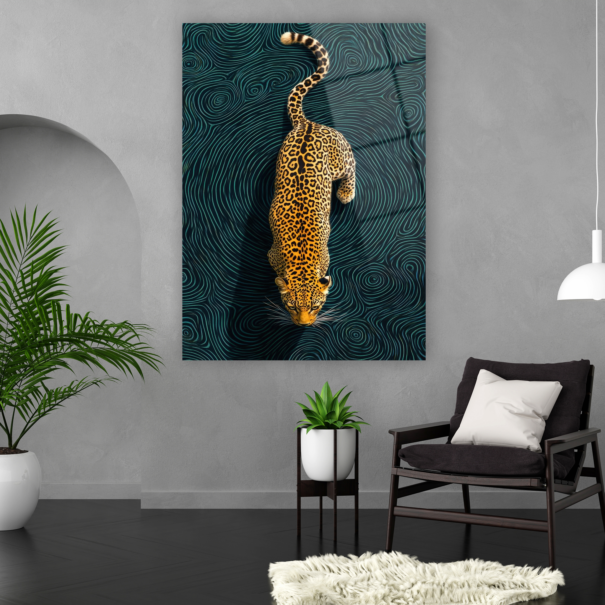 3 boyutlu derinlik hissi veren asil leopar cam tablo tasarımı