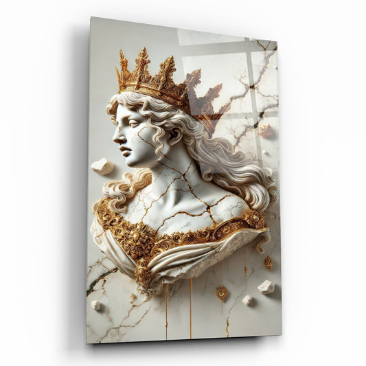 Altın Taçlı Kraliçe ve Kintsugi Detaylı Mermer Görünümlü Cam Tablo