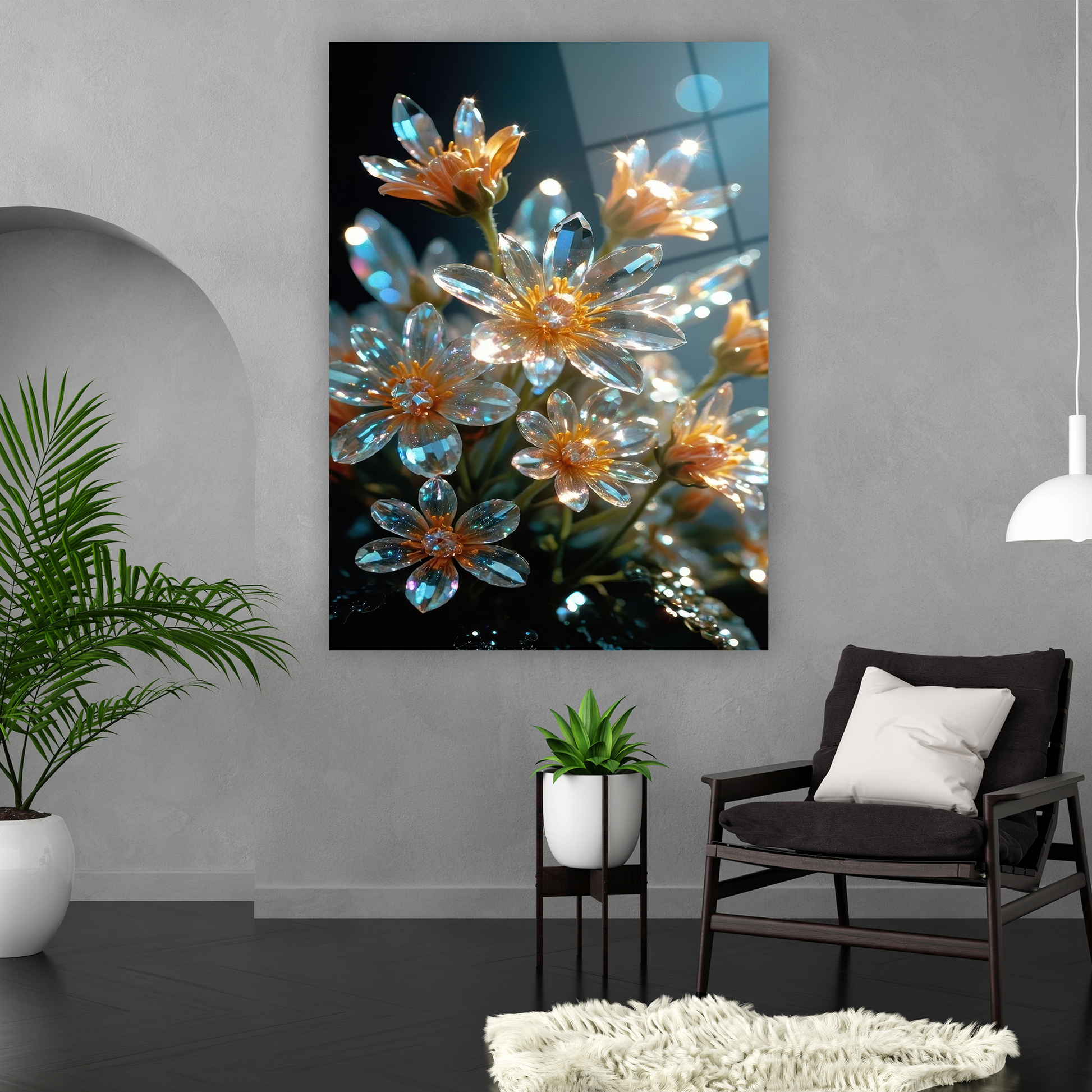 kristal çiçek buketi ışıltılı cam tablo