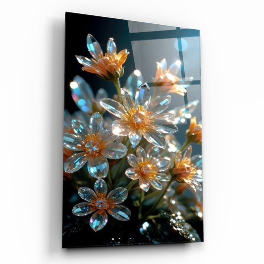 Işıltılı Kristal Çiçekler ve Büyülü Işıklar Cam Tablo