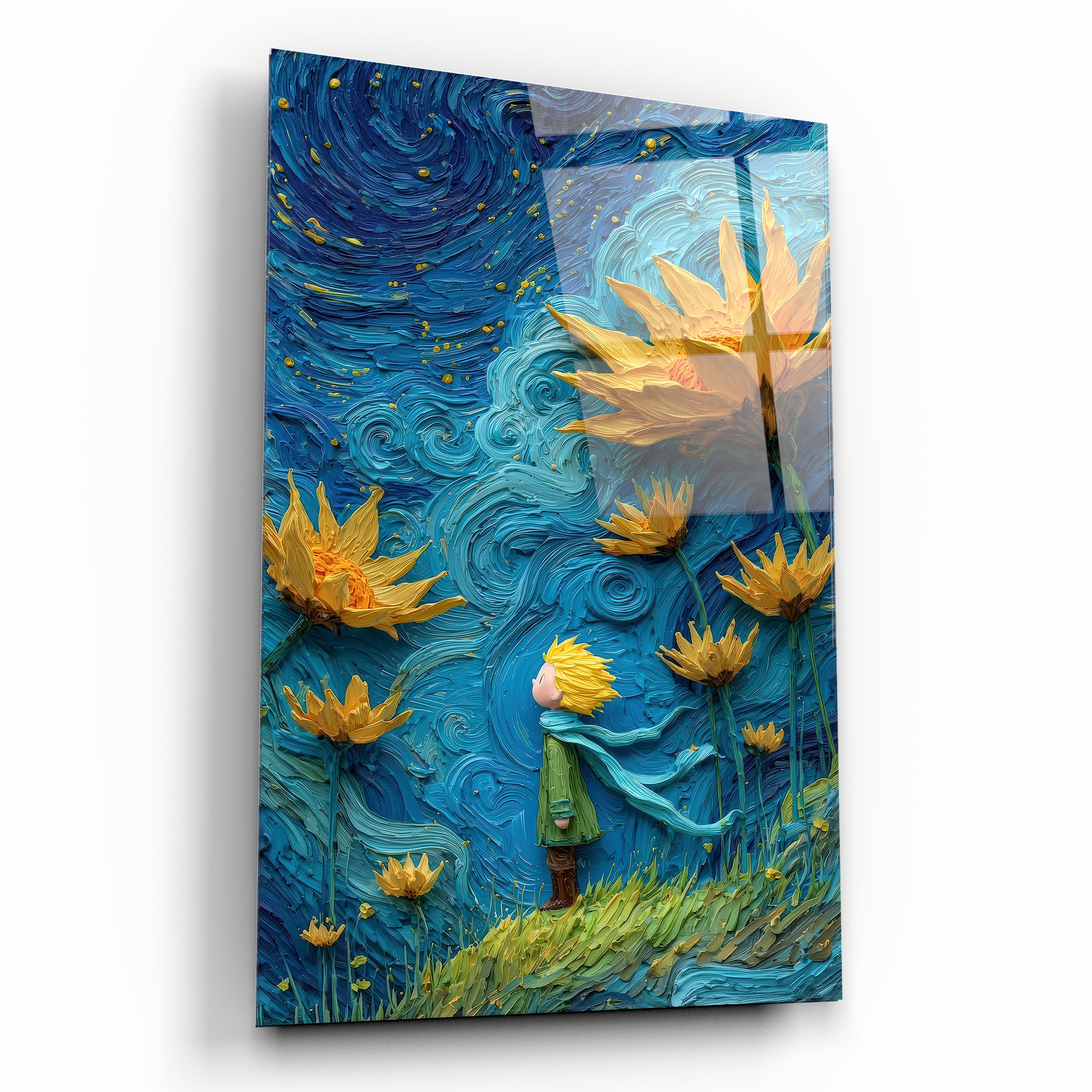 küçük prens ve ayçiçekleri cam tablo van gogh stili