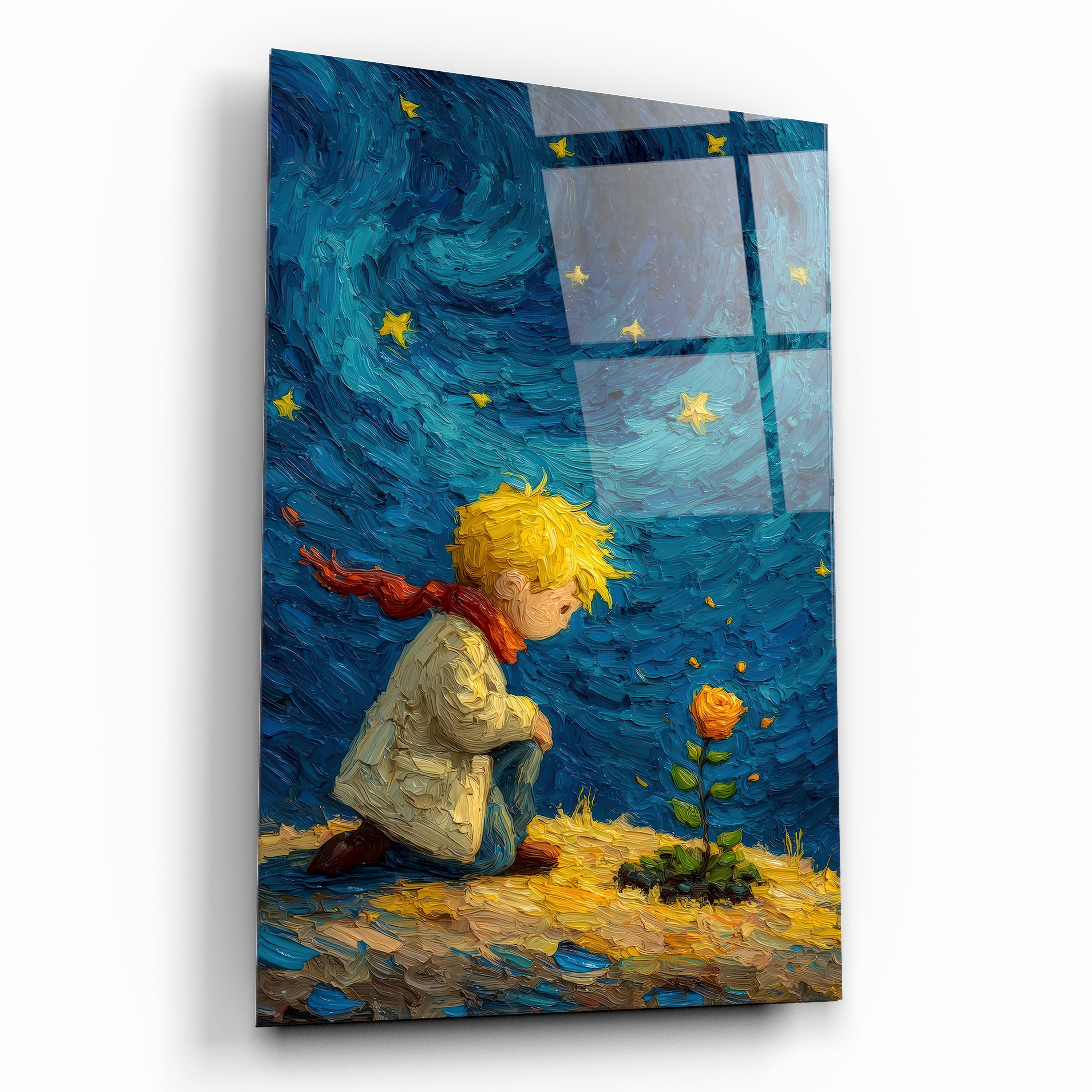 küçük prens ve gül cam tablo van gogh stili