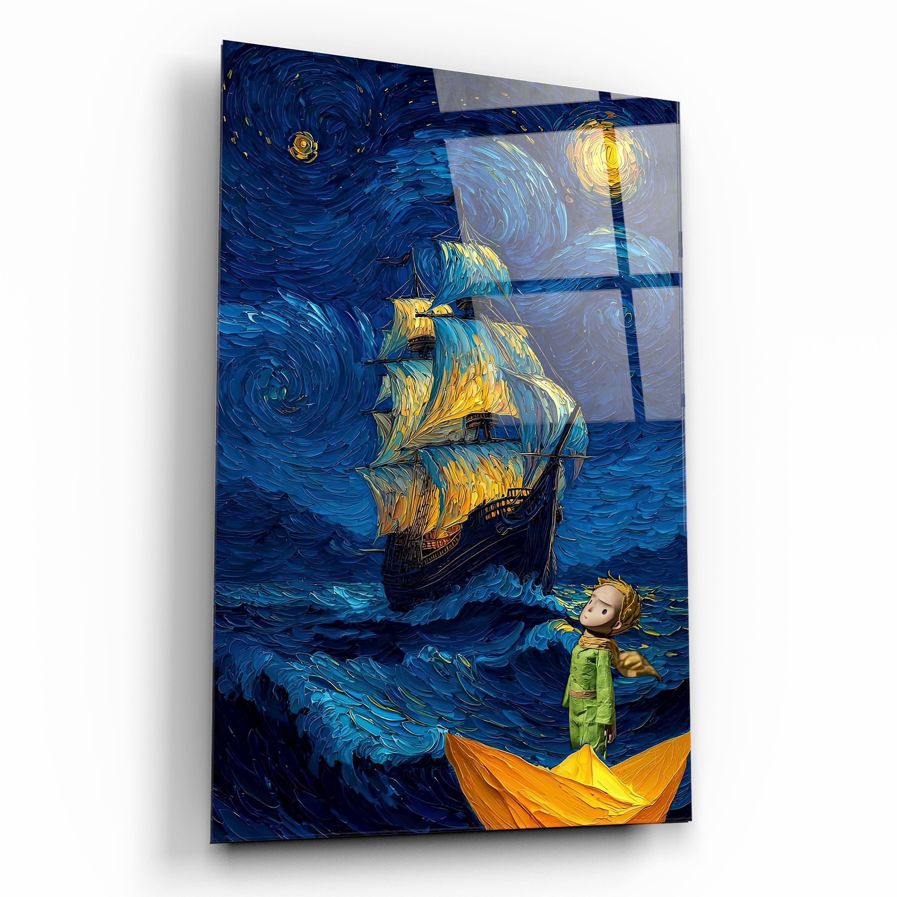 küçük prens ve yelkenli gemi cam tablo van gogh stili