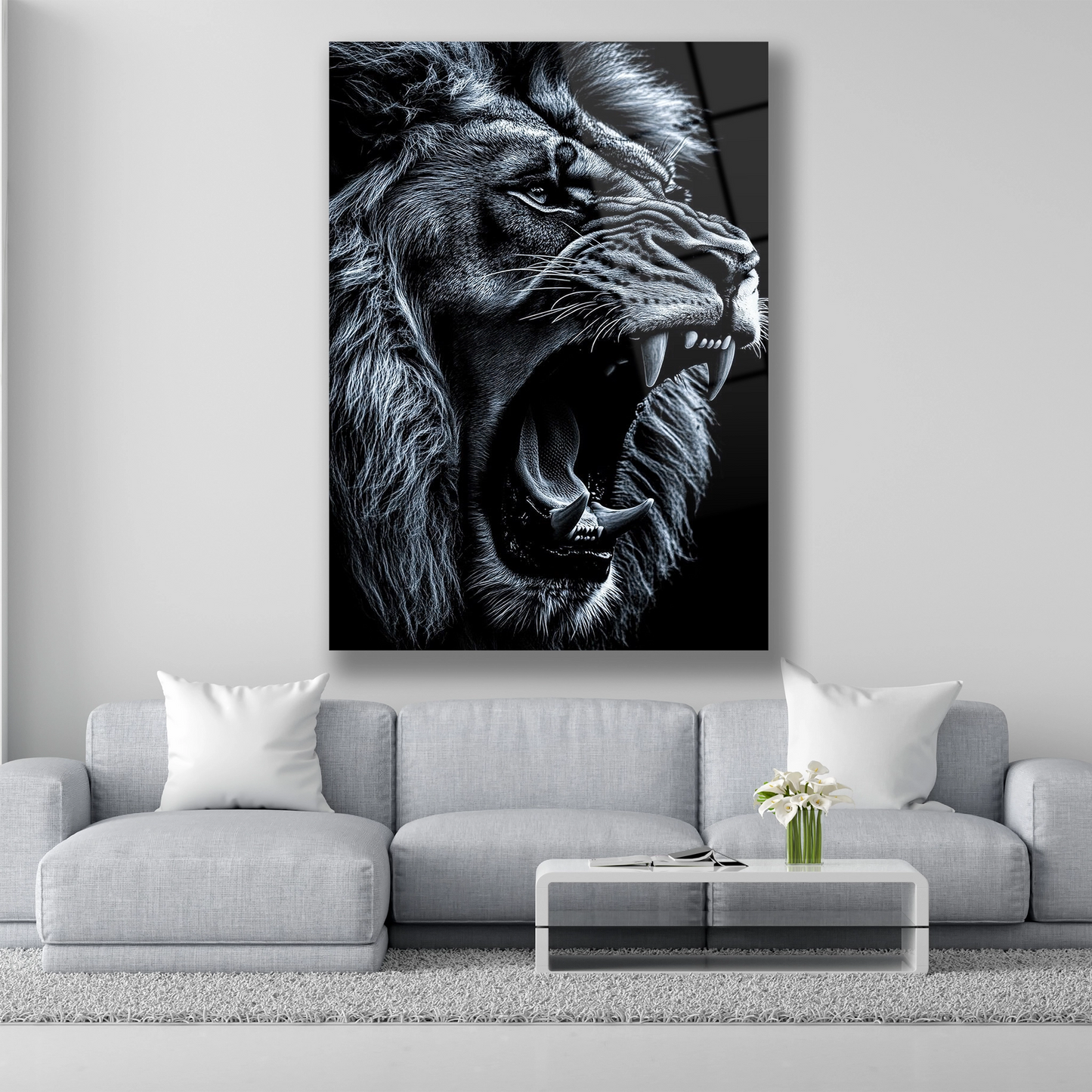 Siyah arka planda kükreyen aslan yüzü siyah beyaz cam tablo