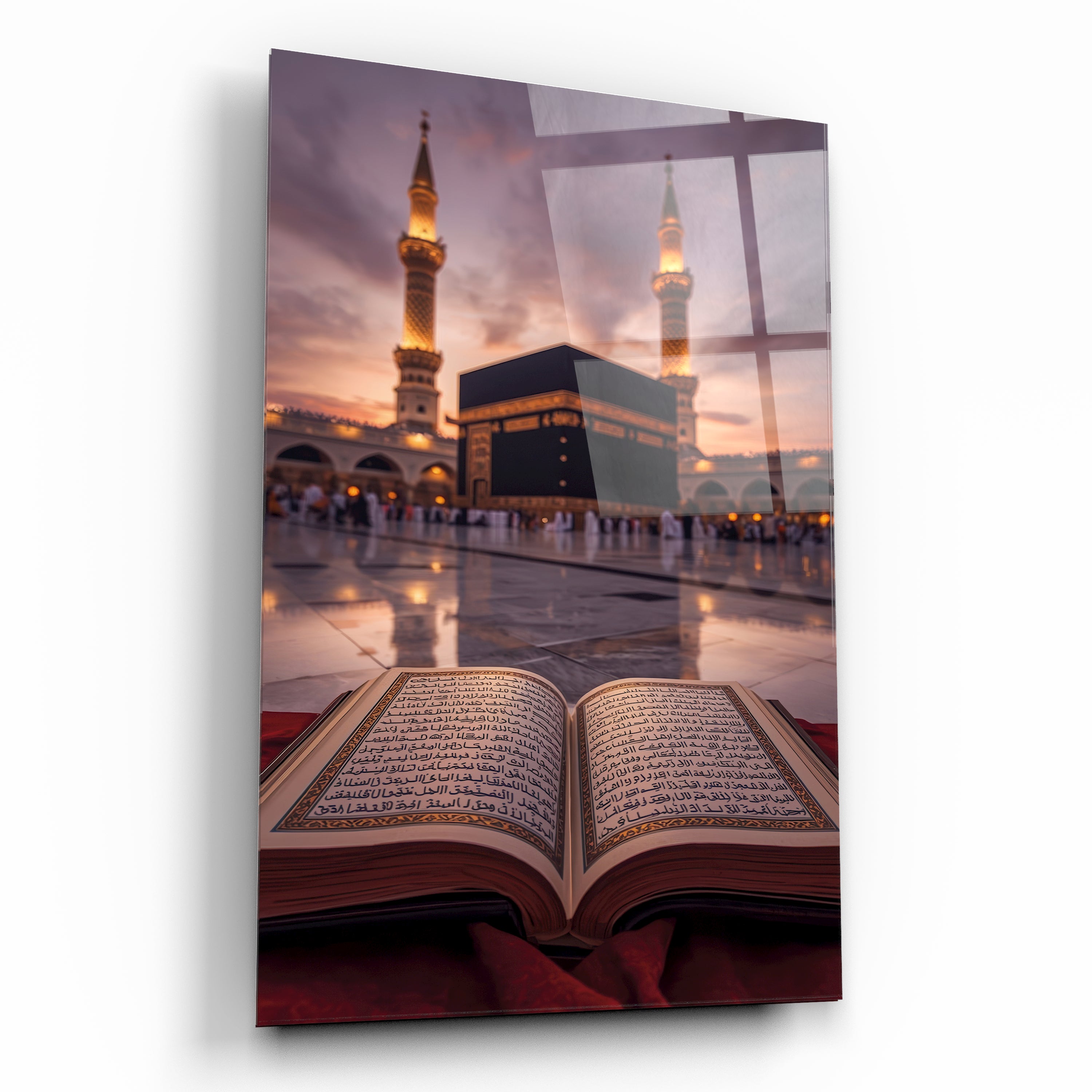 kuran-ı kerim ve kabe cam tablo günbatımı manzarası