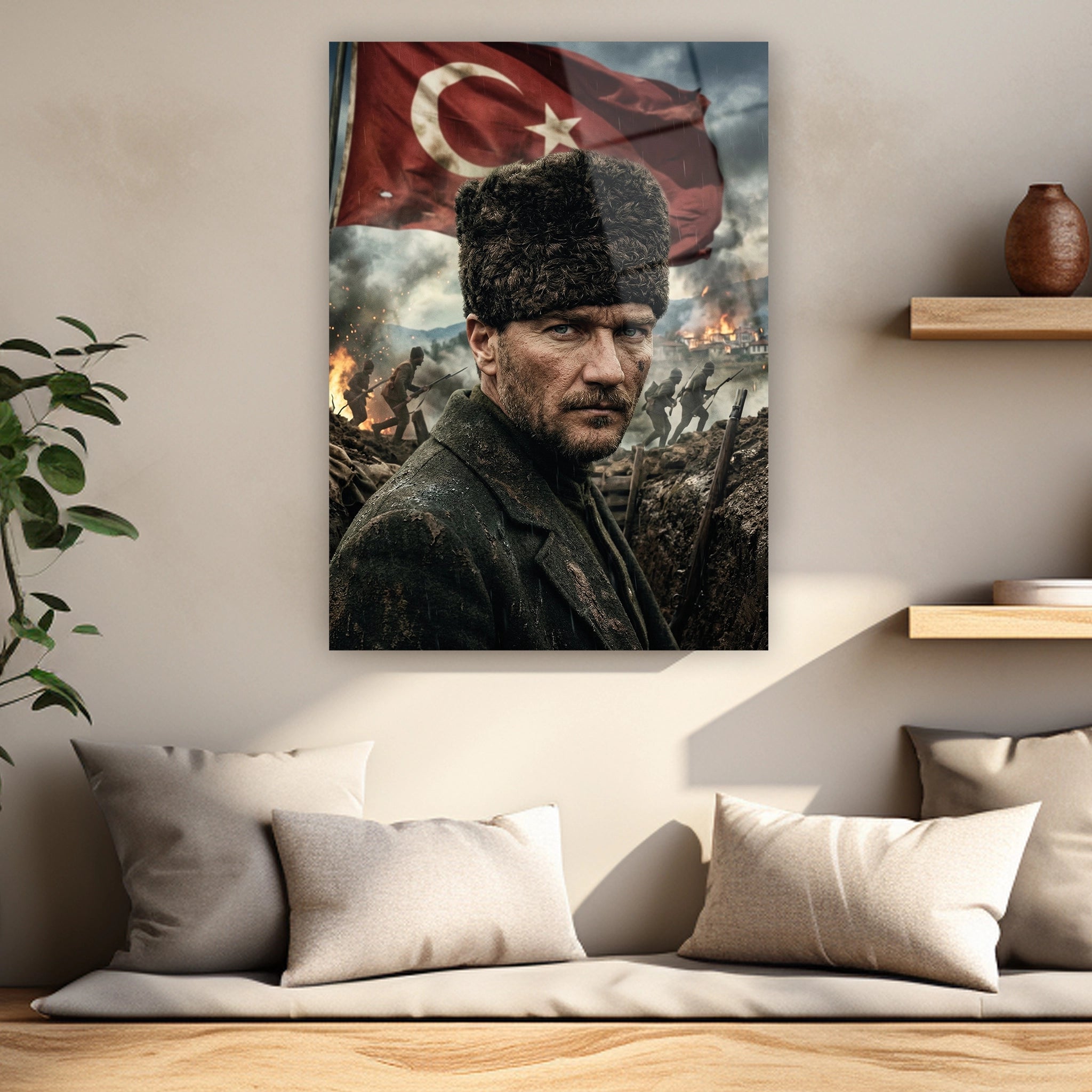siperde savaşan askerler ve al sancak temalı atatürk pano