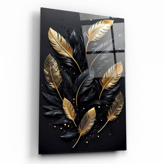 Siyah ve Altın Lüks Kuş Tüyleri Tasarım Cam Tablo