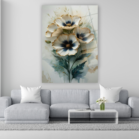 lacivert ve altın detaylı beyaz çiçek cam tablo