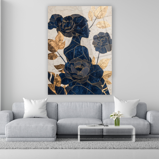 lacivert kadın silüeti ve altın çiçekli cam tablo