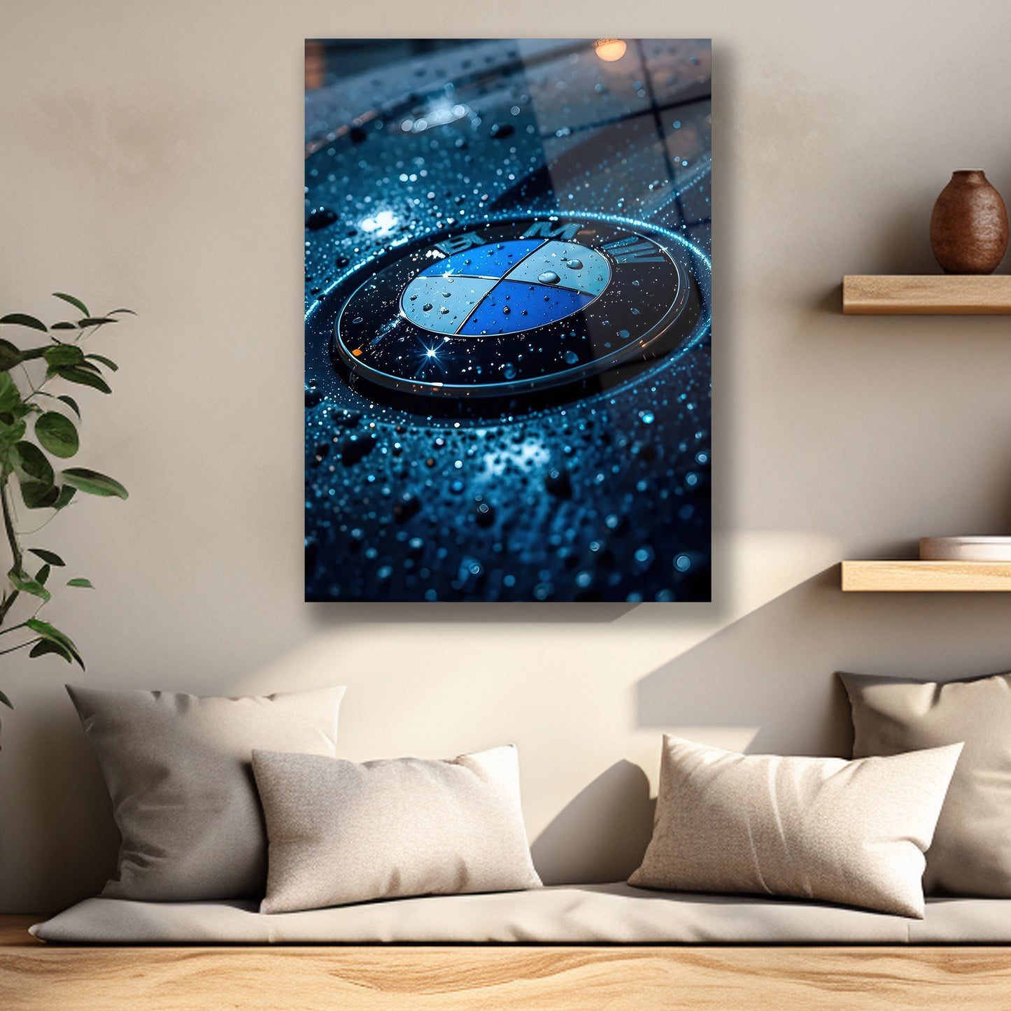 Yağmur sonrası ıslak kaporta görünümlü BMW logo baskısı