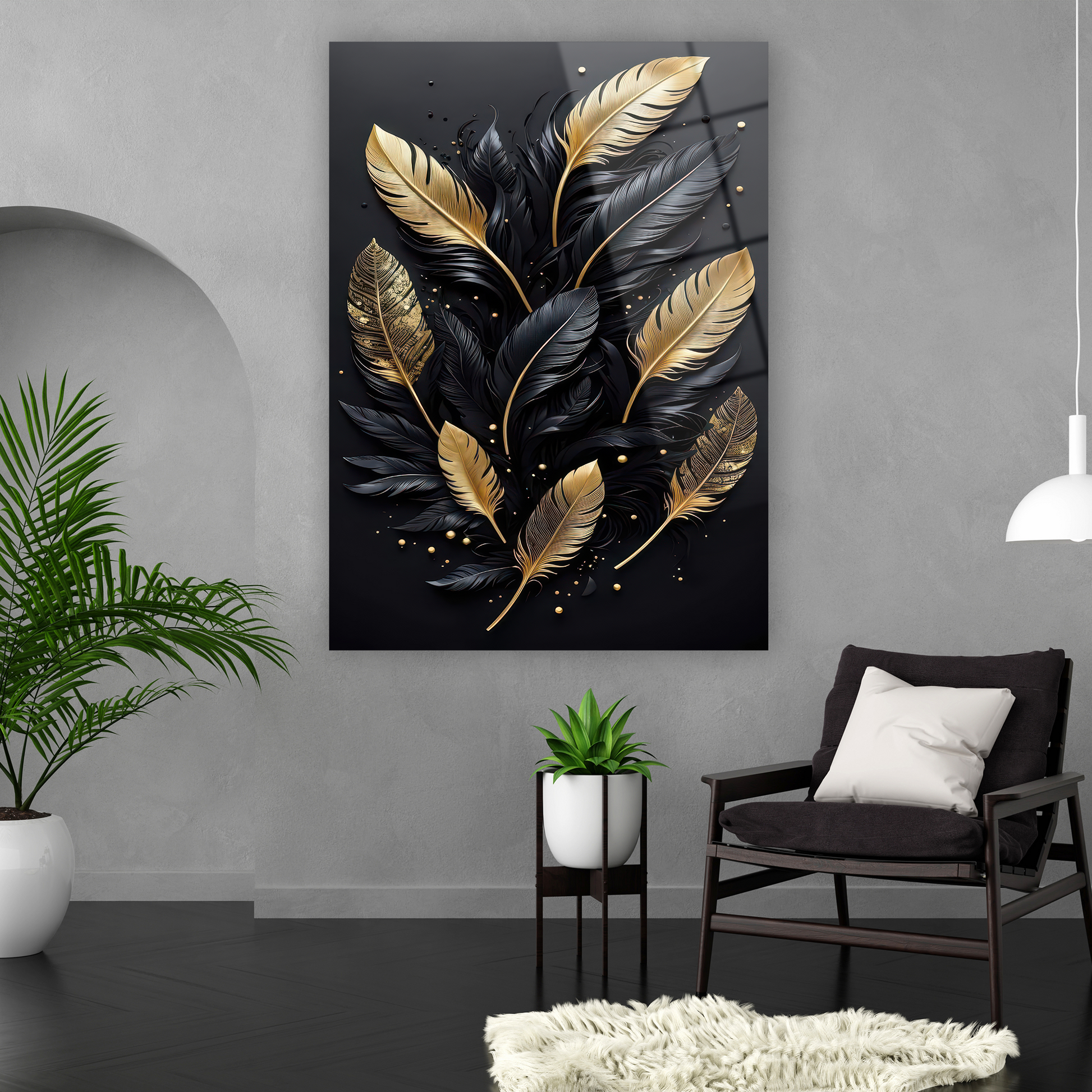 modern black and gold feathers duvar dekoru