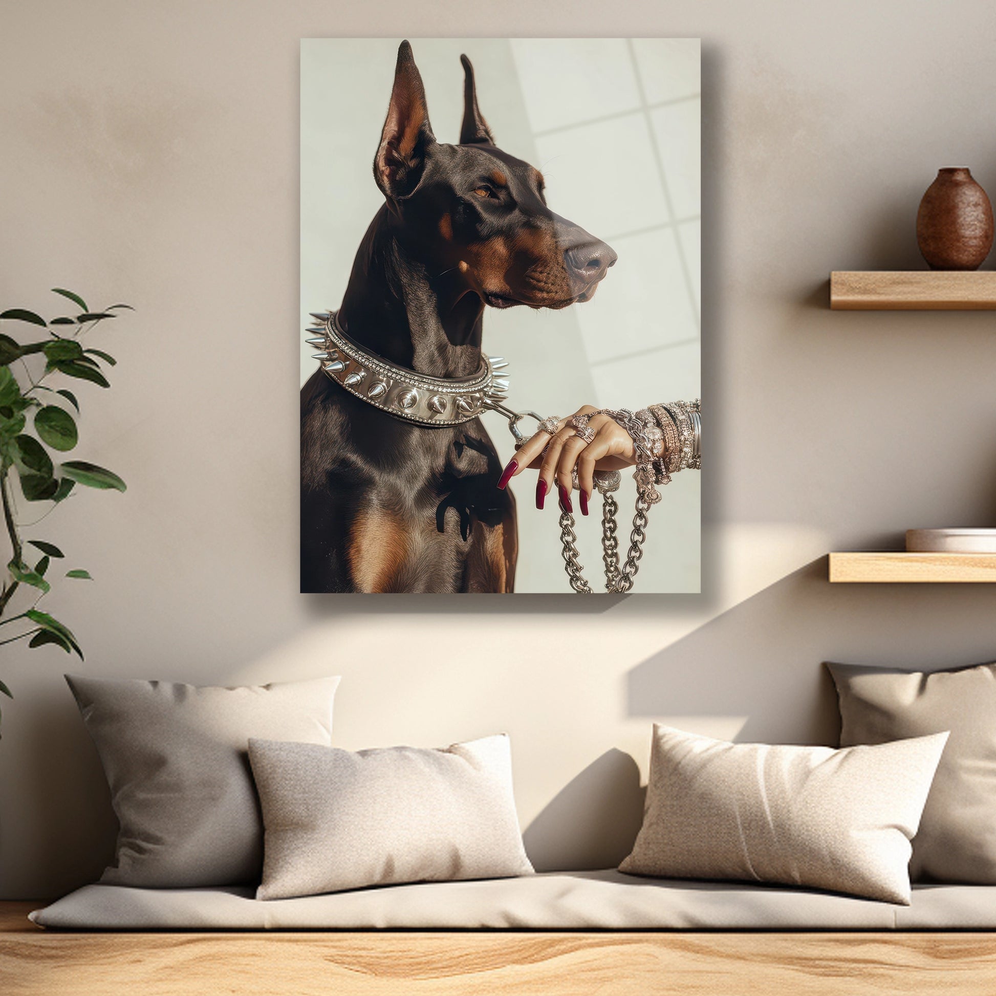 Gümüş zincirler ve yüzüklerle tutulan Doberman tasması detaylı cam baskı