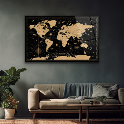 Dekoratif Siyah Altın Dünya Haritası Cam Baskı