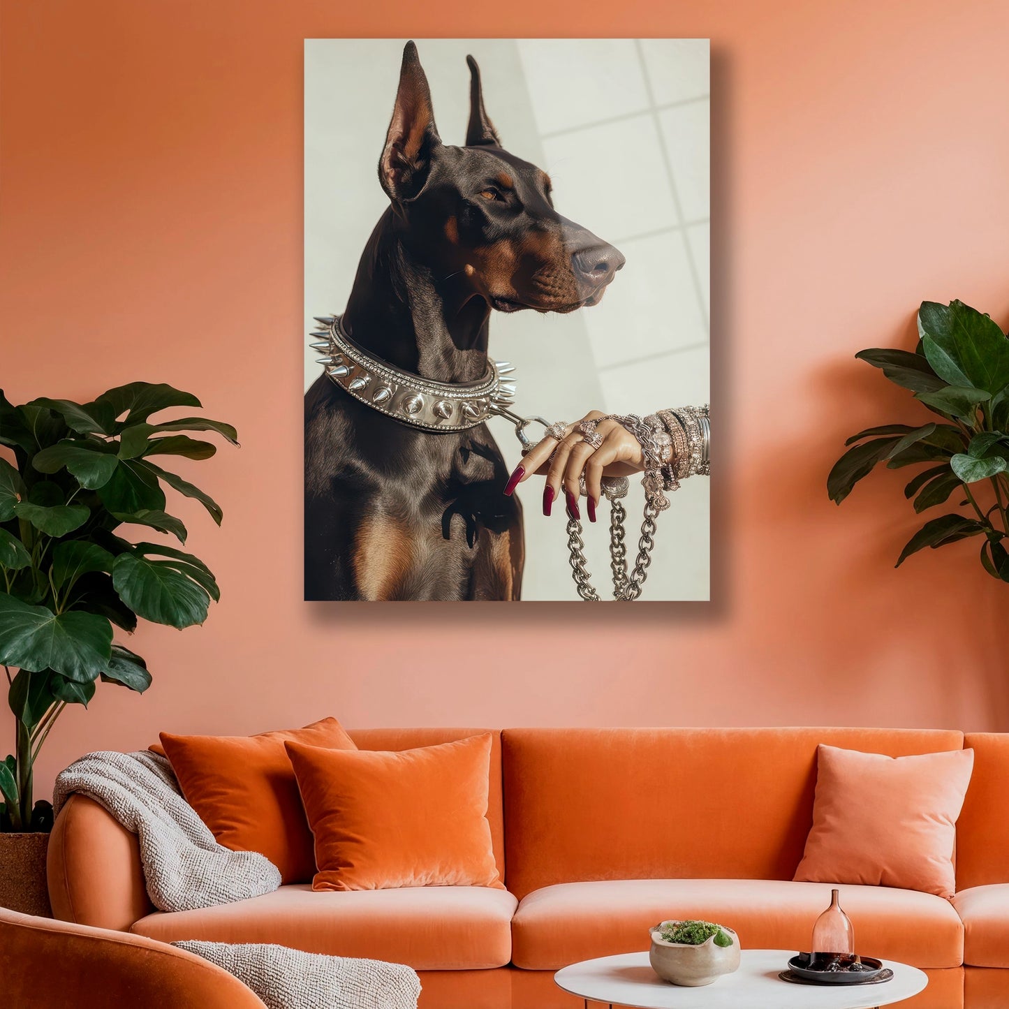 Modern ofis duvarında asılı lüks moda temalı Doberman cam duvar panosu