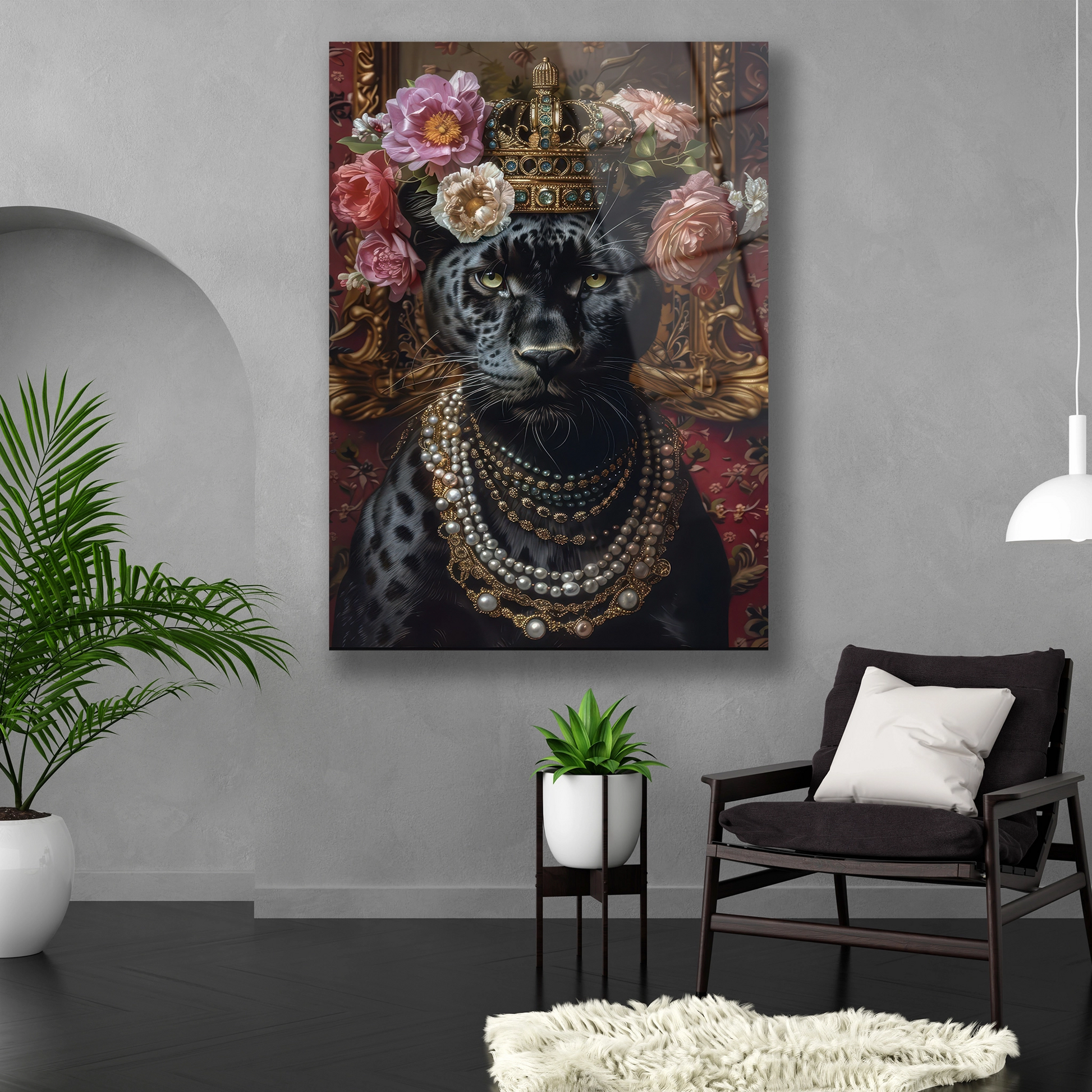 Dikey formda maksimalist hayvan sanatı temalı temperli cam tablo