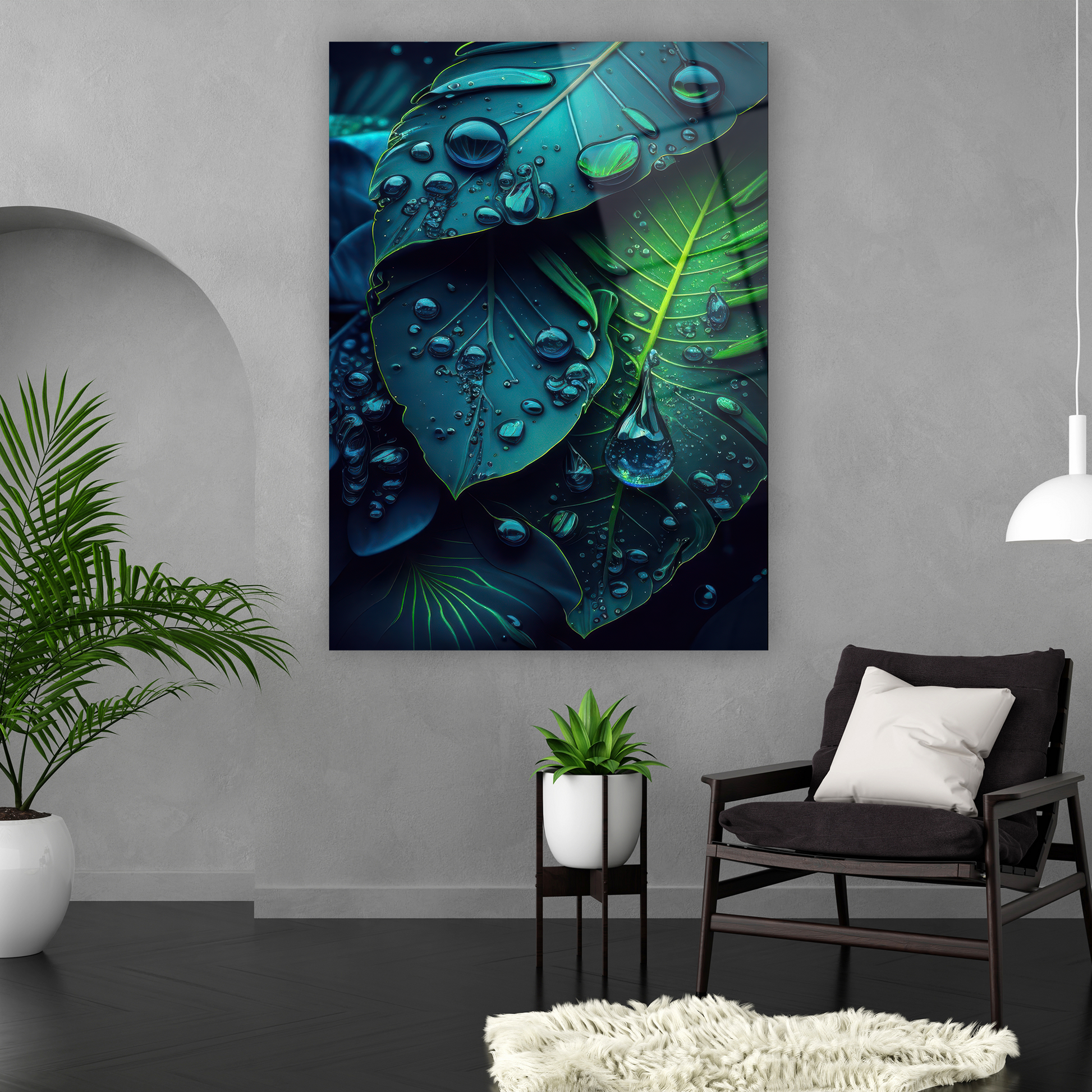 wet tropical leaves with water drops glass art