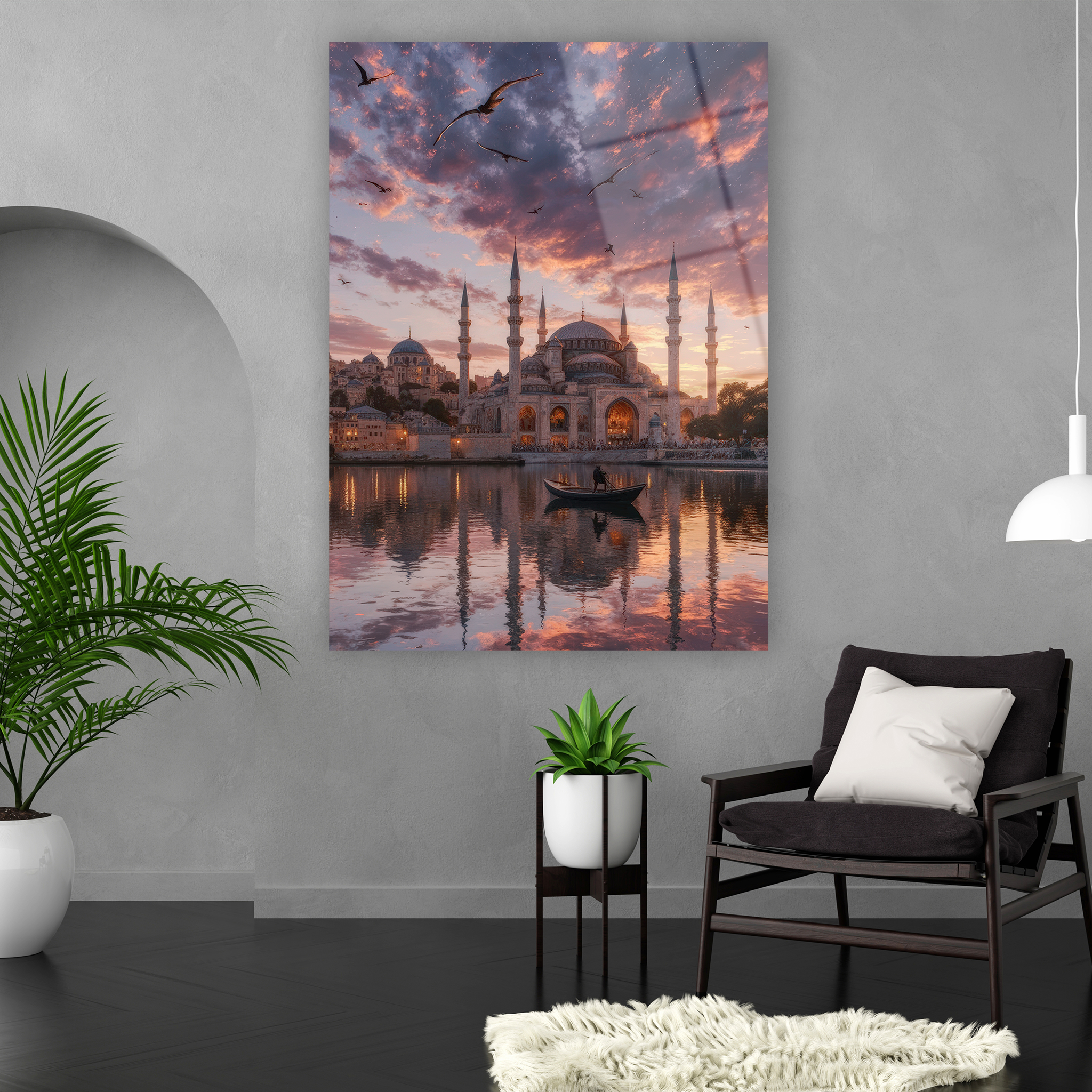 majestic mosque sunset water reflection glass art