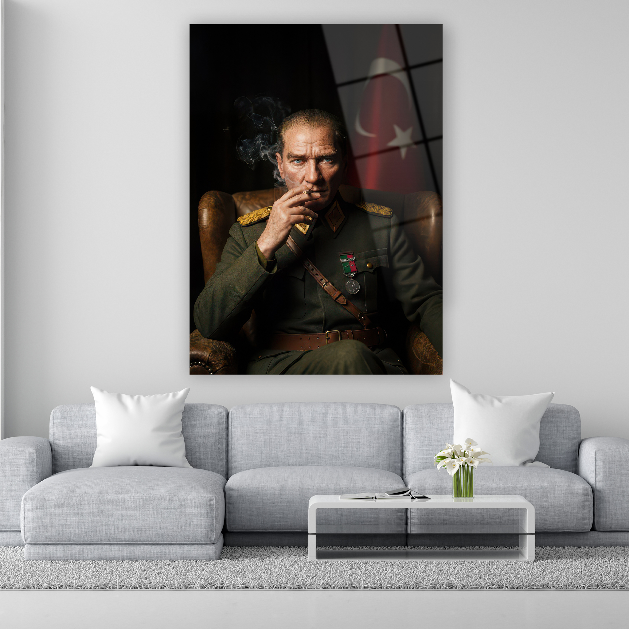 mareşal üniformalı atatürk deri koltukta otururken cam tablo