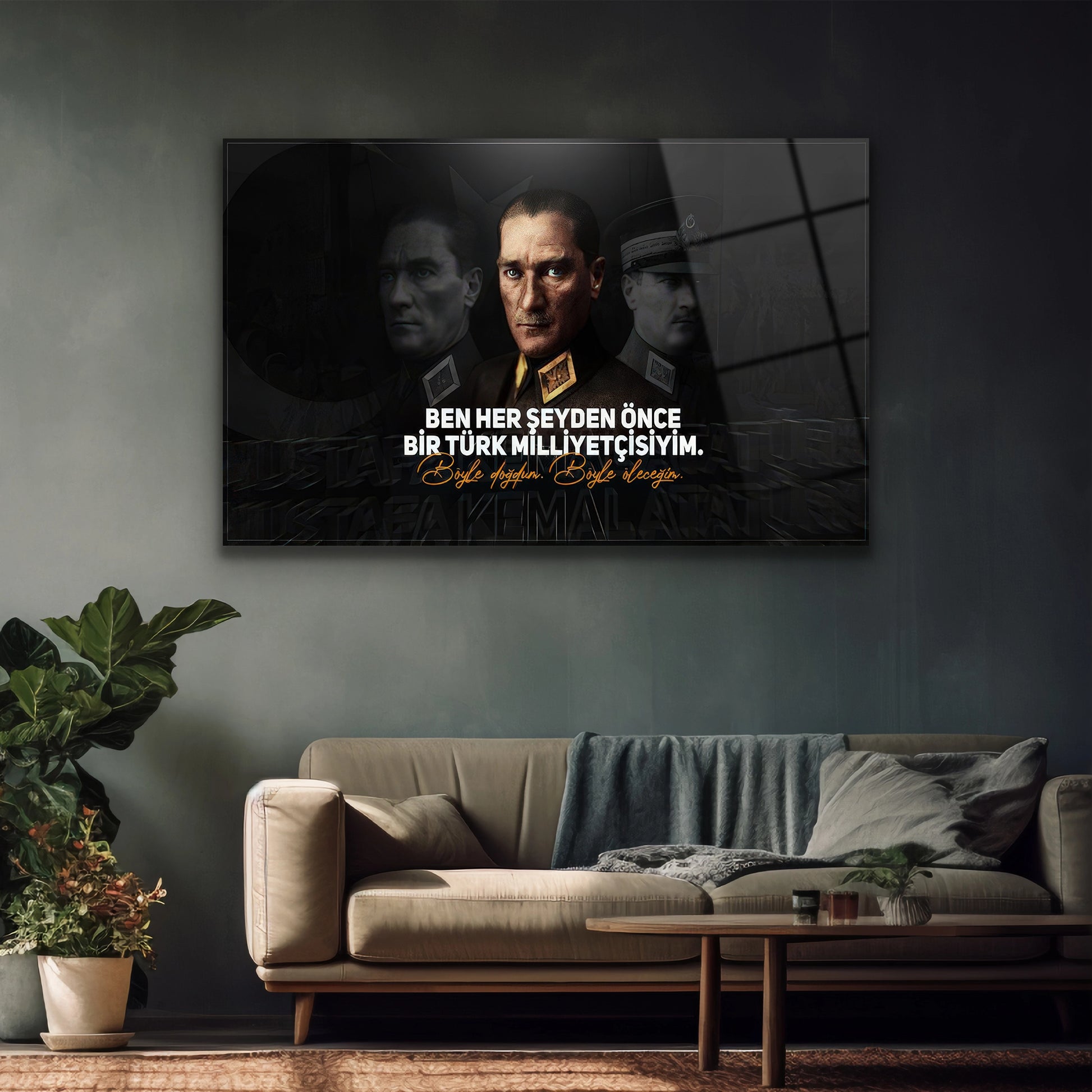 Dikey formda milliyetçi temalı Atatürk ofis duvar dekoru