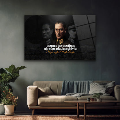 Dikey formda milliyetçi temalı Atatürk ofis duvar dekoru