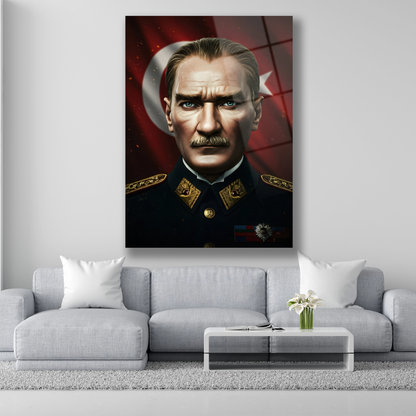 Mareşal üniformalı hiper gerçekçi Atatürk portresi ve Türk bayrağı