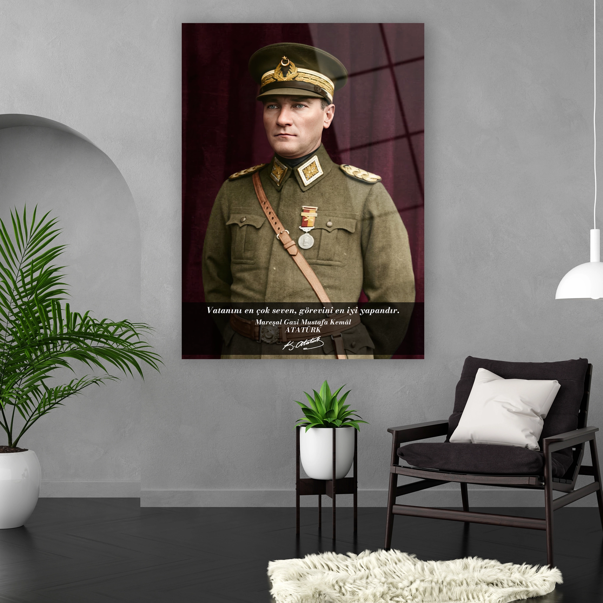 mareşal atatürk madalyalı üniformalı cam tablo denizli
