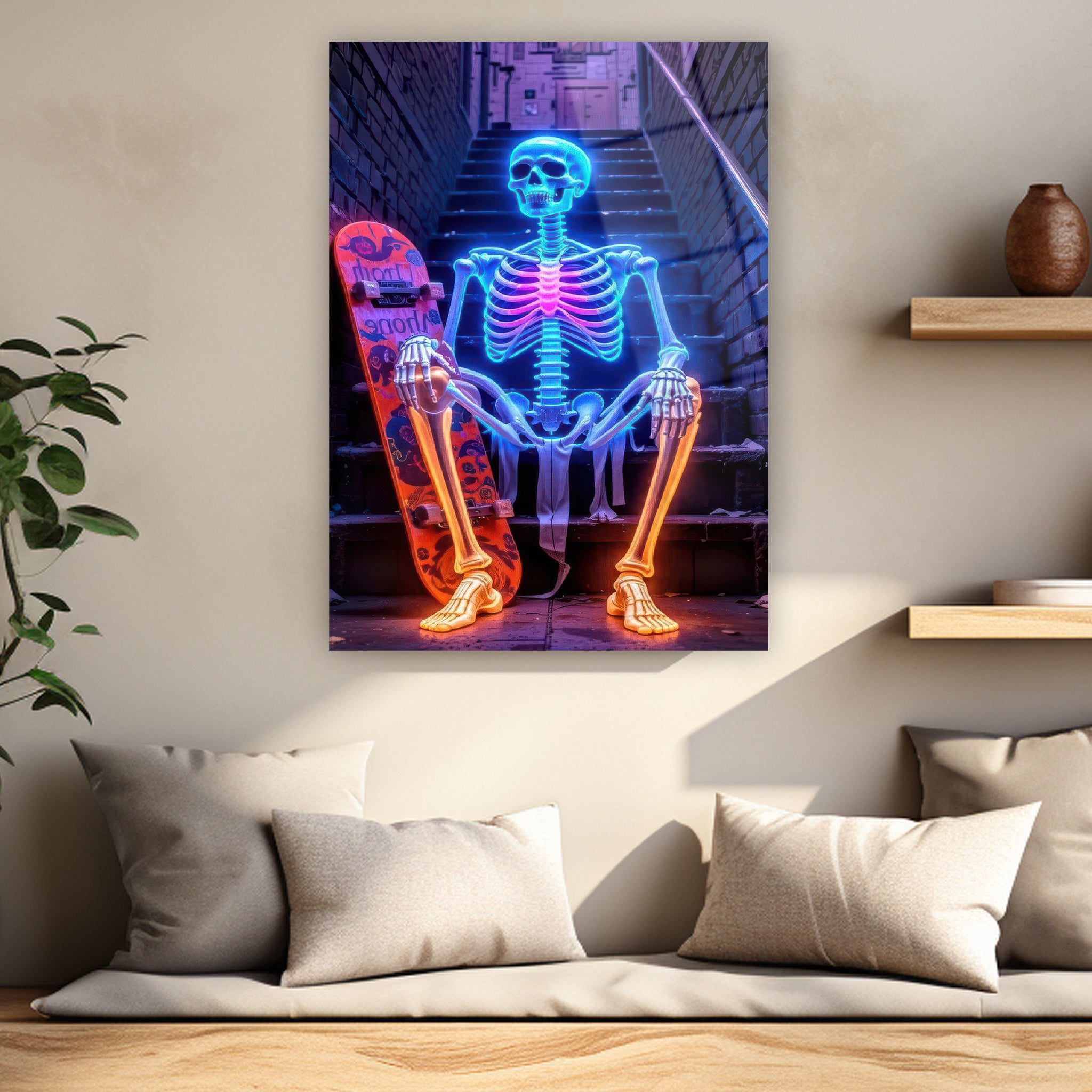 mavi ve turuncu neonlu modern genç odası posteri