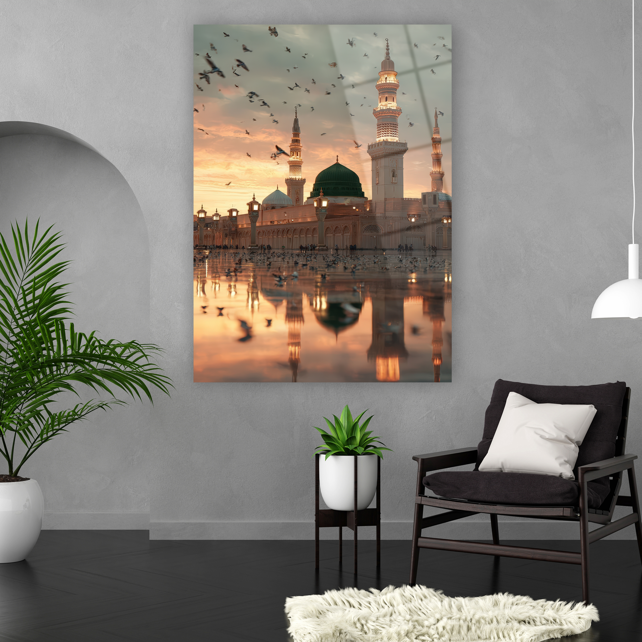 masjid an nabawi medina sunset reflection glass art