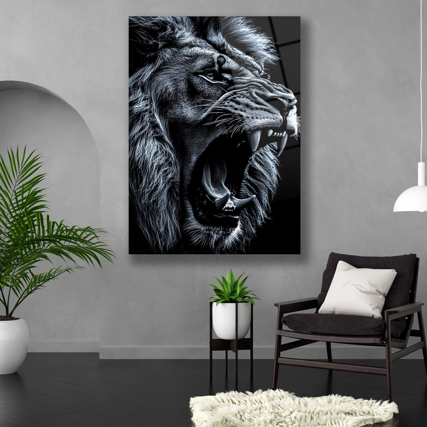 Dikey formda yüksek kontrastlı aslan portresi temperli cam tablo