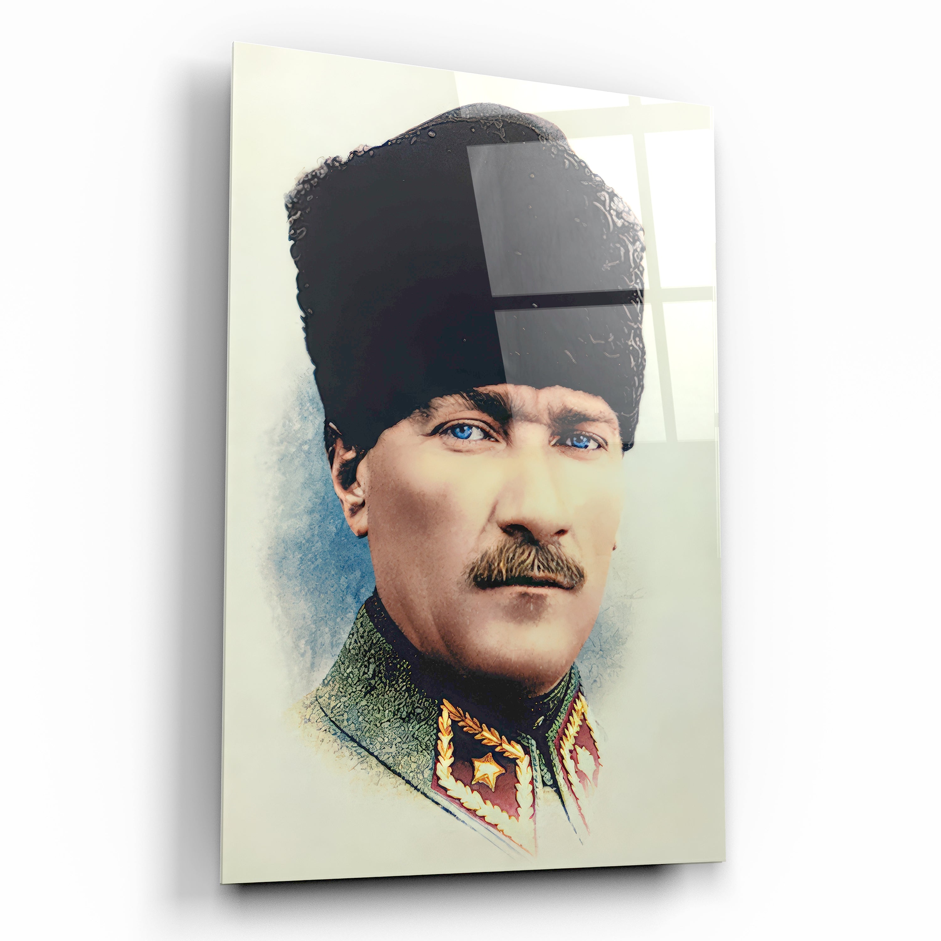 atatürk cam tablo mavi gözlü kalpaklı askeri üniformalı portre
