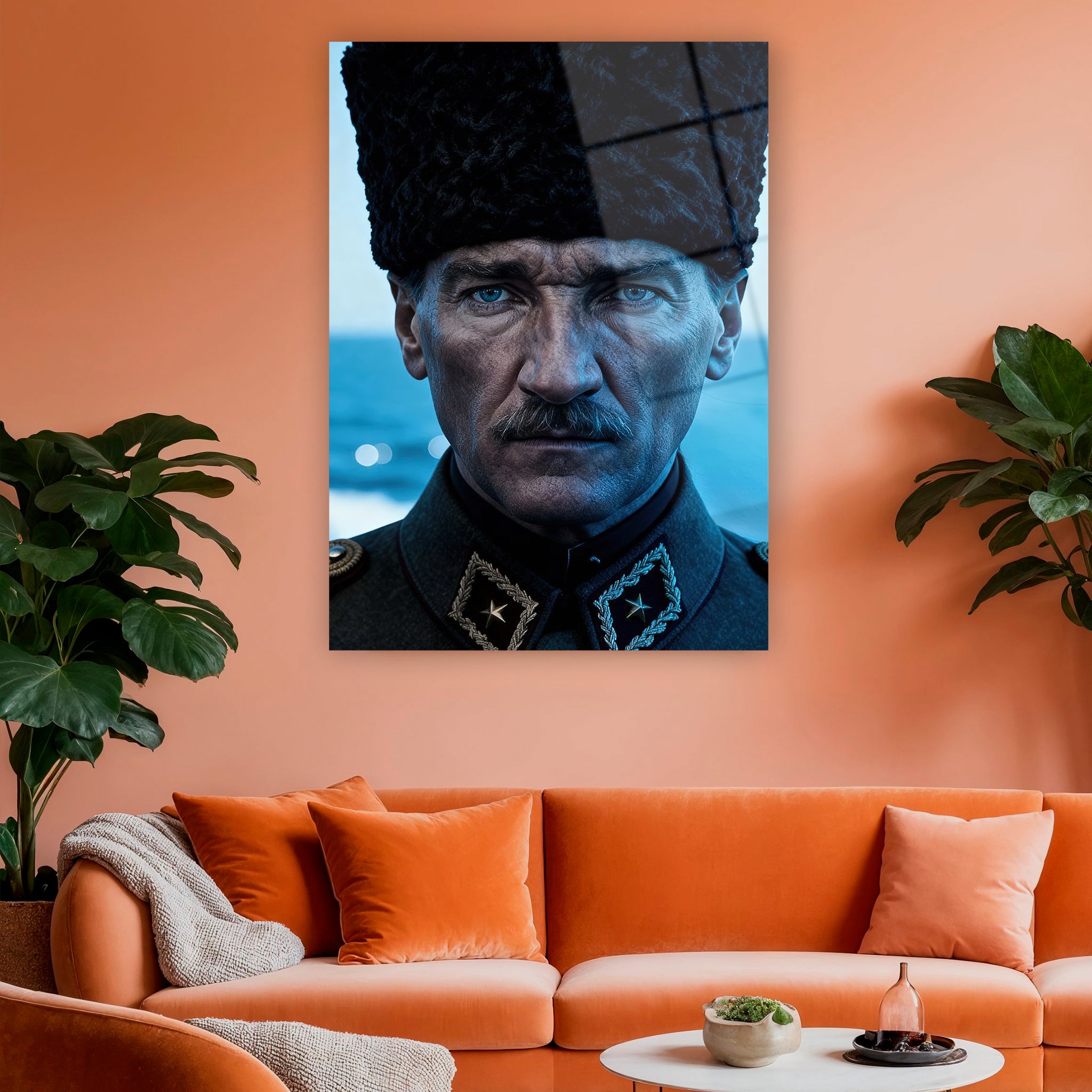 mavi tonlu sinematik askeri üniformalı atatürk duvar dekoru