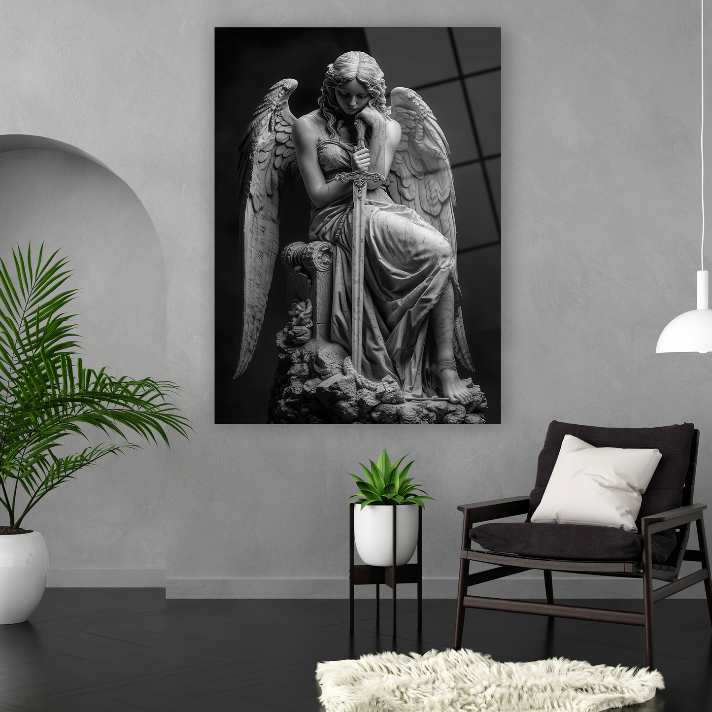 siyah beyaz kanatlı kadın savaşçı tablosu