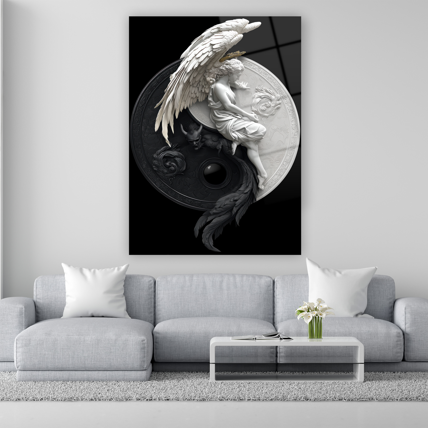 melek ve şeytan yin yang sembolü cam tablo