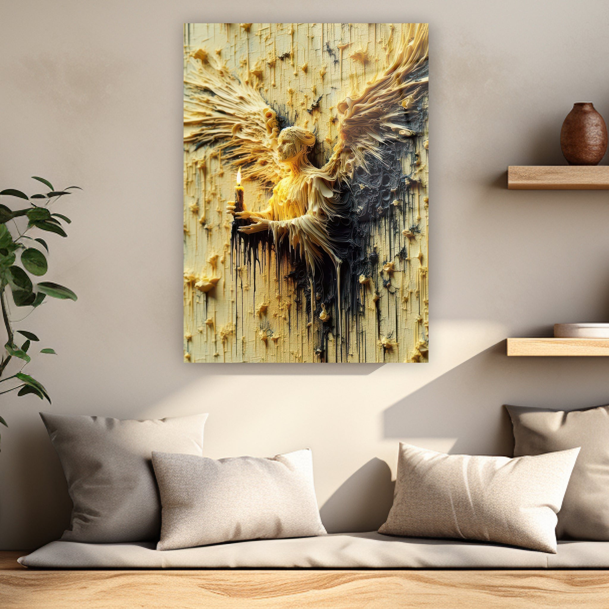 melting wax style angel holding candle glass art