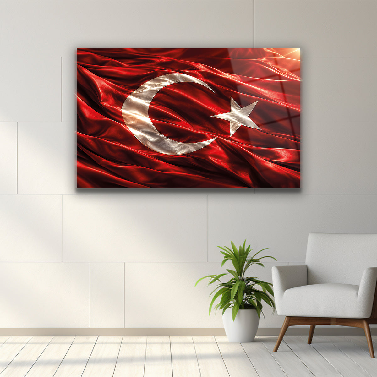 Metalik ay yıldızlı kırmızı Türk Bayrağı cam tablo