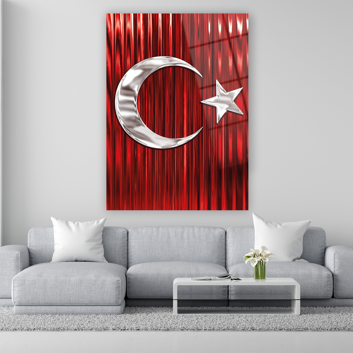 Metalik gümüş ay yıldızlı Türk Bayrağı cam tablo