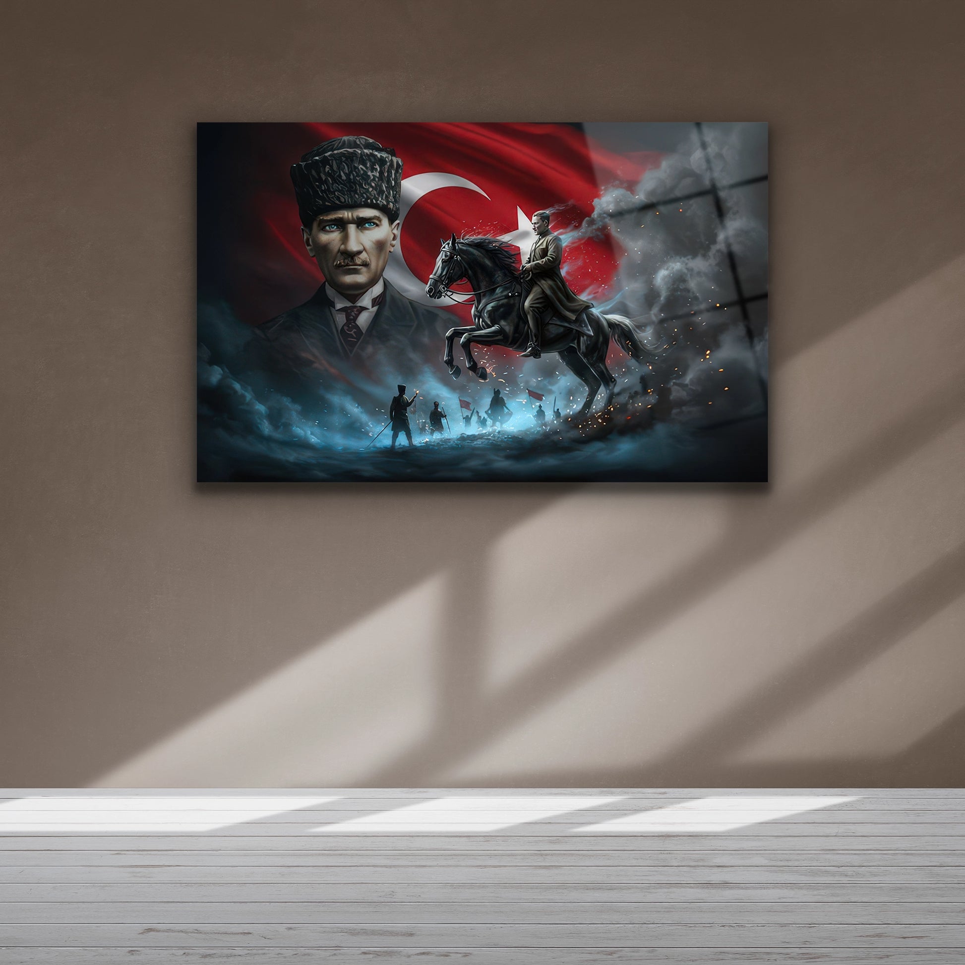 Şahlanan at üzerindeki Başkomutan ve duman efektli savaş alanı detayı