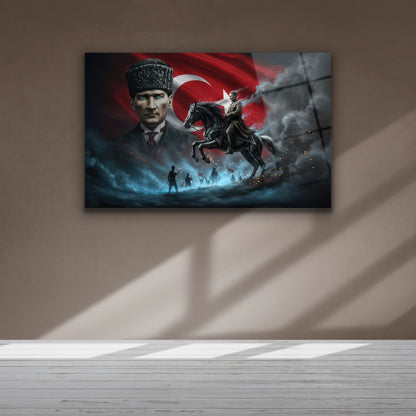 Şahlanan at üzerindeki Başkomutan ve duman efektli savaş alanı detayı