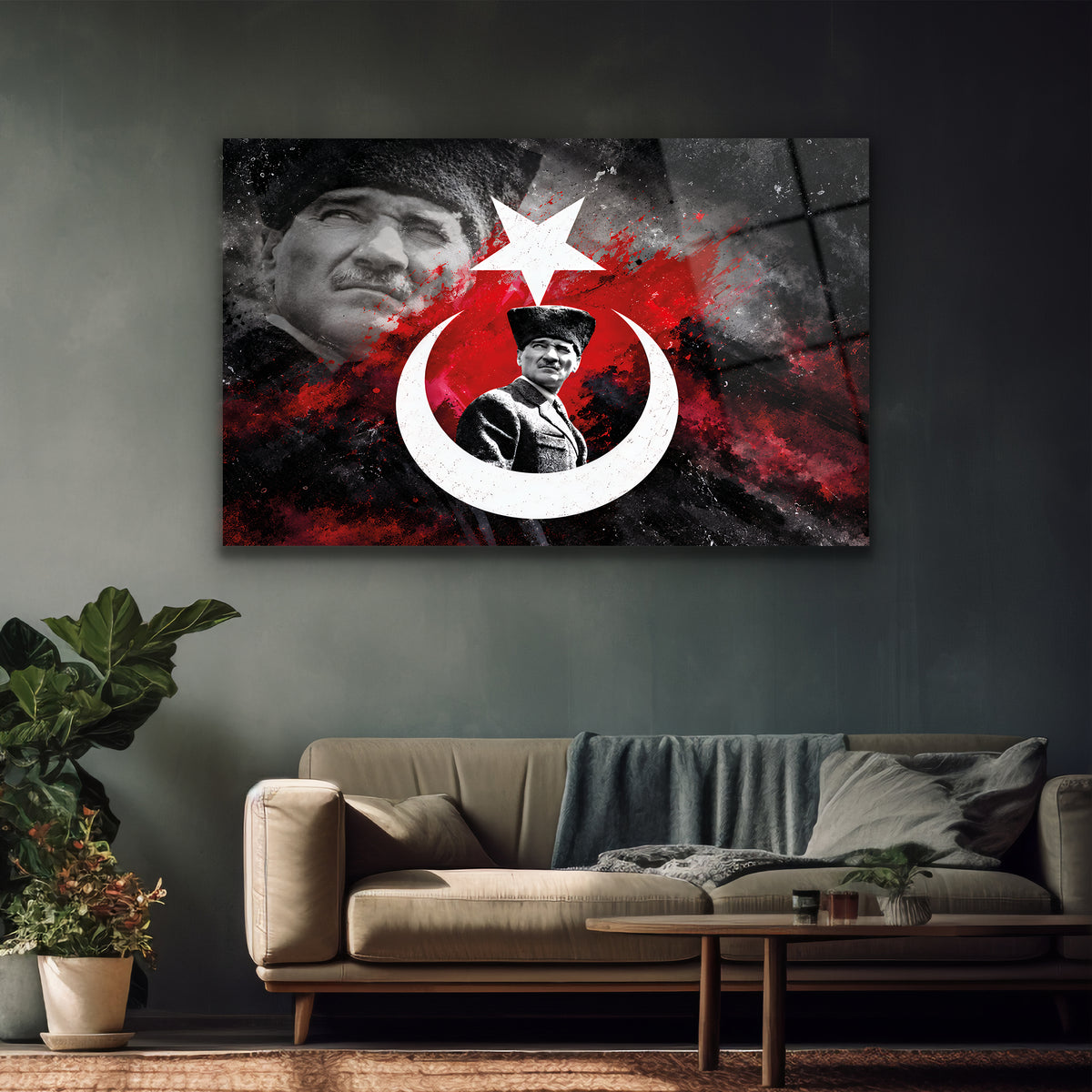 Milli temalı Atatürk ve ay yıldız dekoratif cam tablo