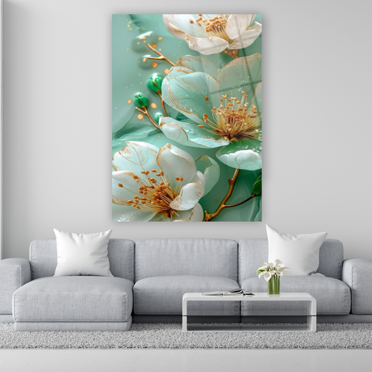 mint yeşili ve altın detaylı kristal çiçek cam tablo