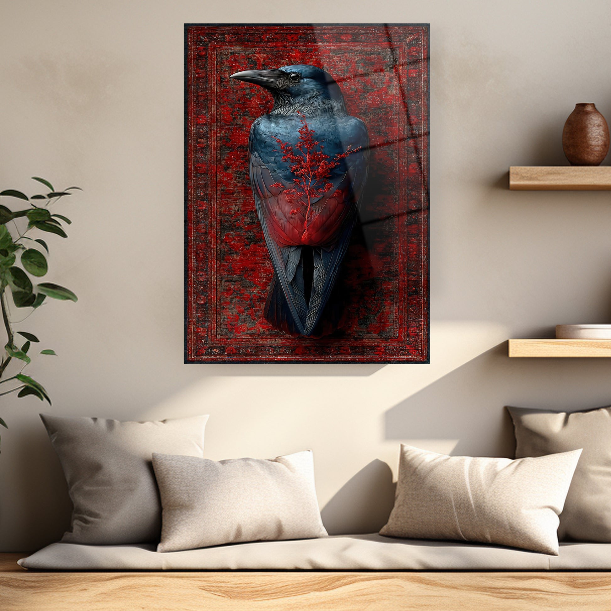 Mistik kuzgun tasarımlı yüksek çözünürlüklü cam tablo