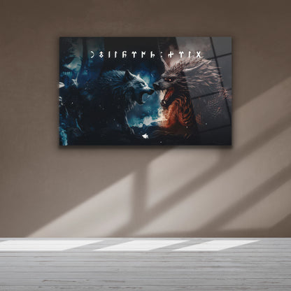 Mavi ve kırmızı ışık efektli hırlayan kurt detaylı cam baskı