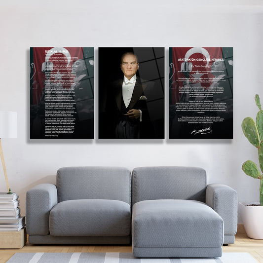 modern tasarımlı atatürk portresi istiklal marşı ve gençliğe hitabe 3 lü cam tablo seti