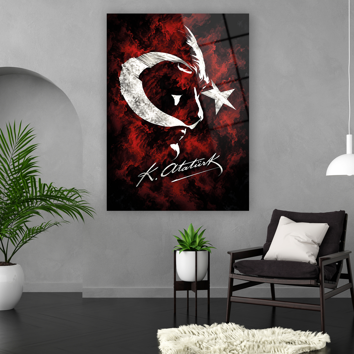 Modern ay yıldızlı Atatürk dekoratif cam tablo