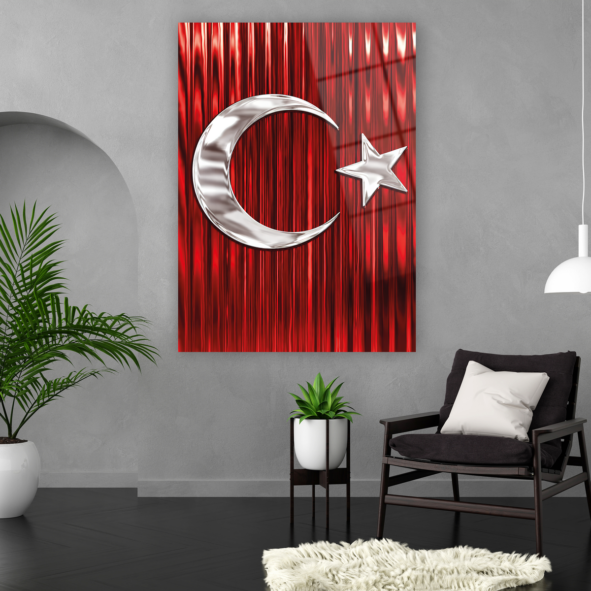 Parlak kırmızı ve gümüş detaylı Türk Bayrağı cam tablo