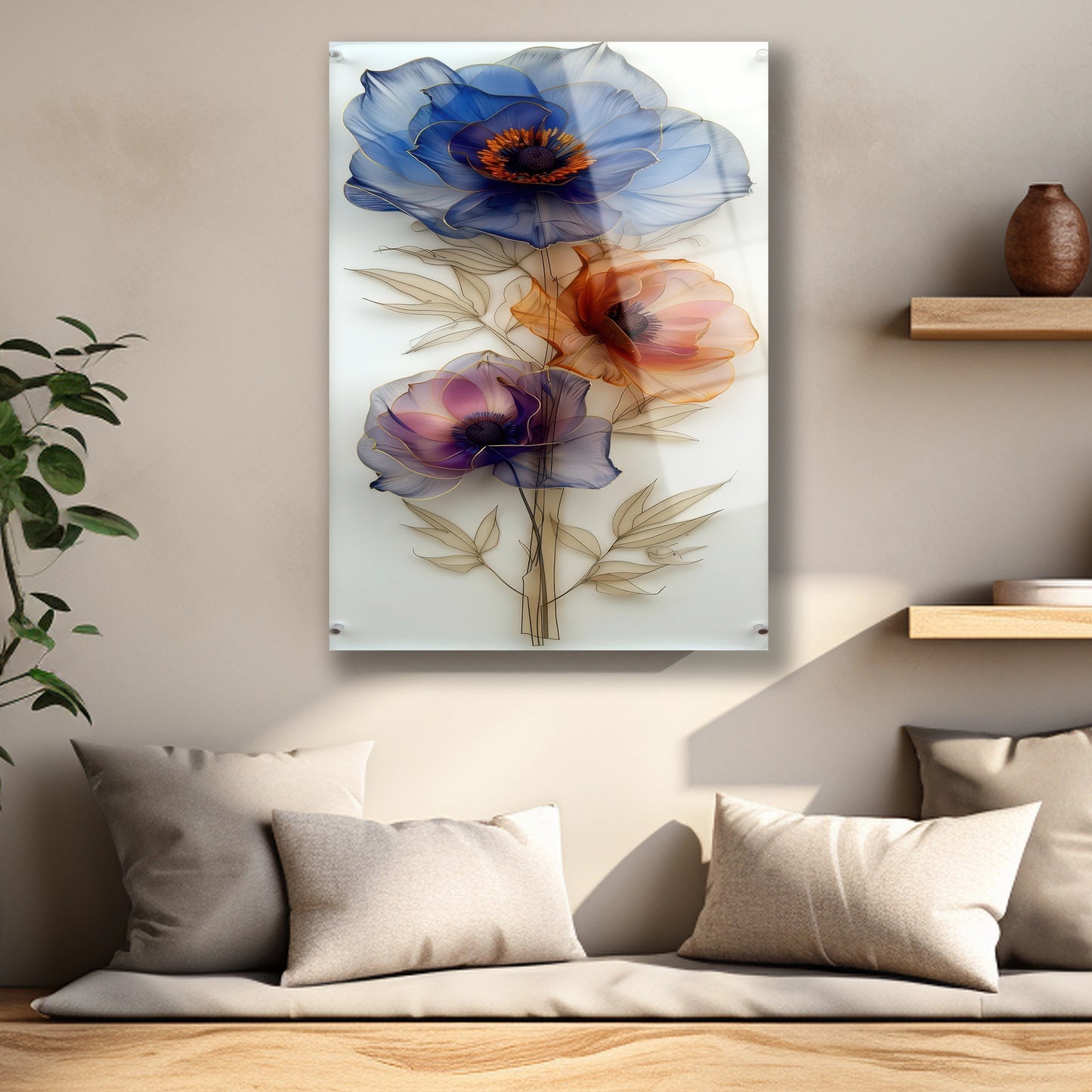 Tül etkisi veren şeffaf çiçek yaprakları ve tel detaylı cam baskı