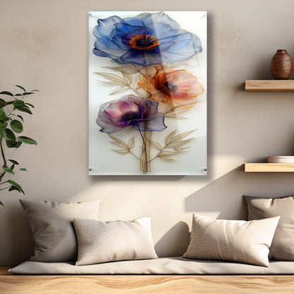 Tül etkisi veren şeffaf çiçek yaprakları ve tel detaylı cam baskı